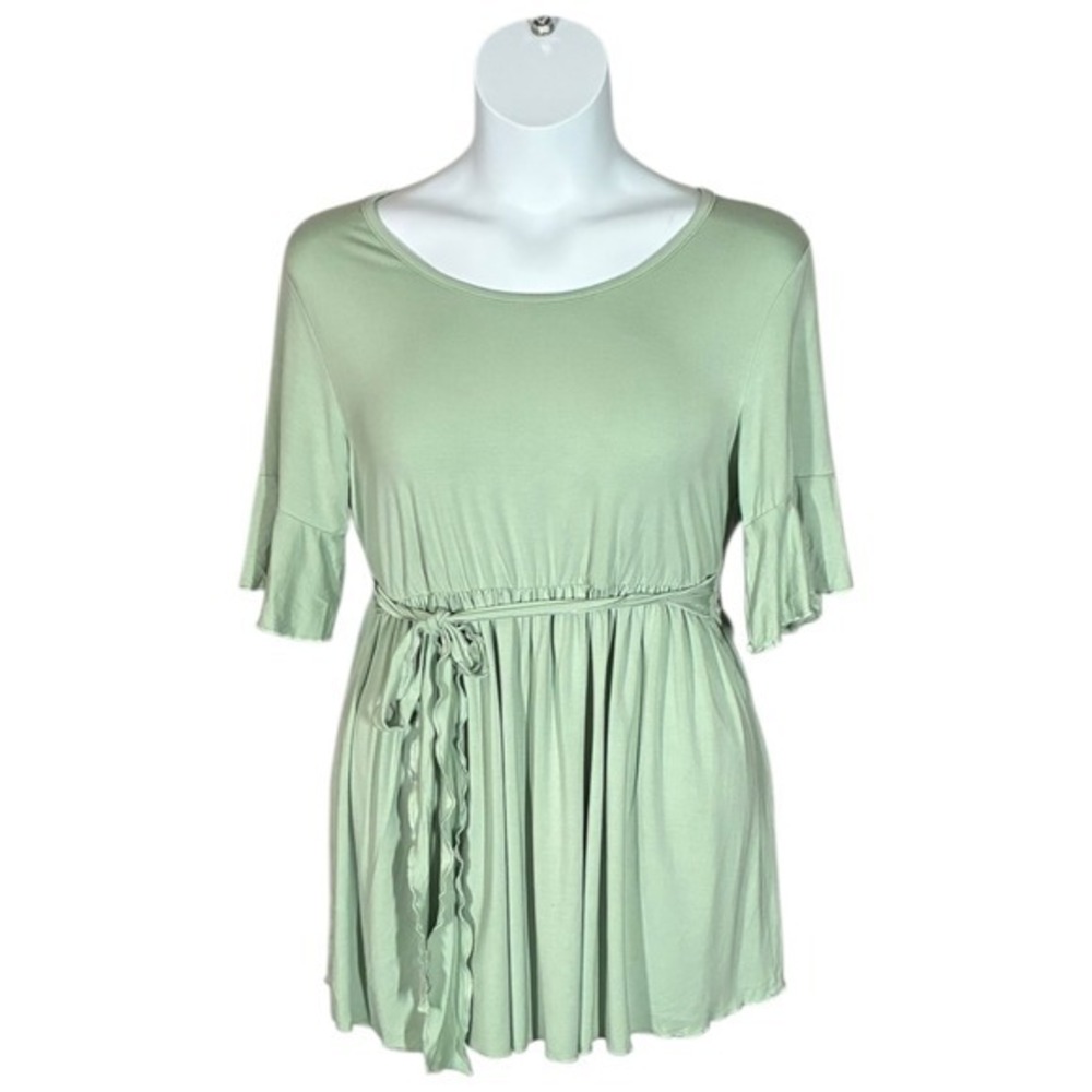 Wooxio Sage Green Maternity Tunic Ruffle‎ Sleeve Tie Waist L Baby Shower NWT